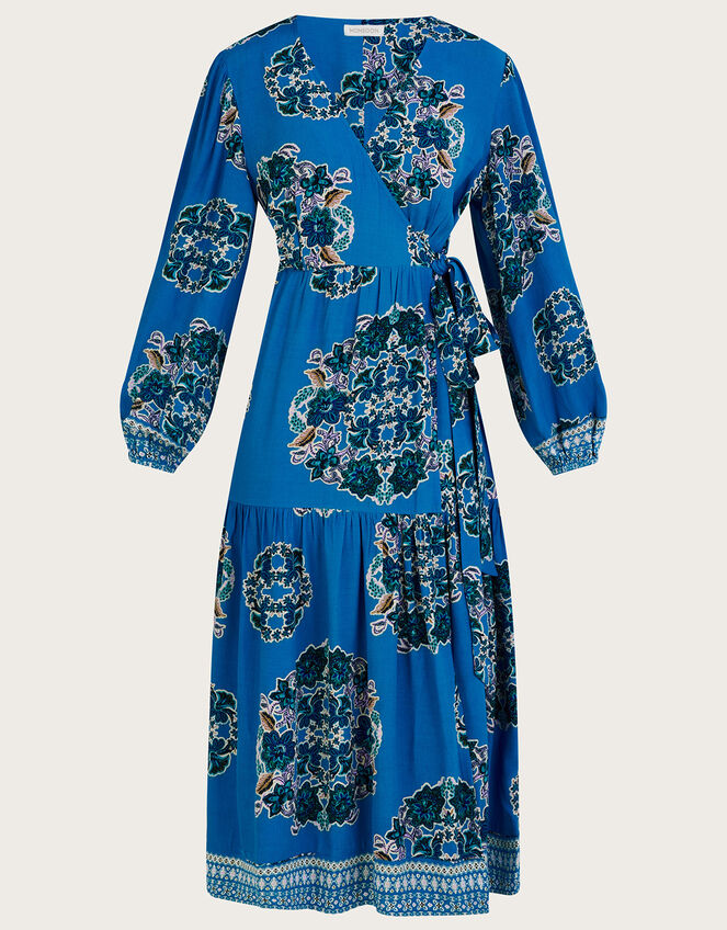 Thea Print Wrap Dress in Sustainable Viscose, Blue (COBALT), large