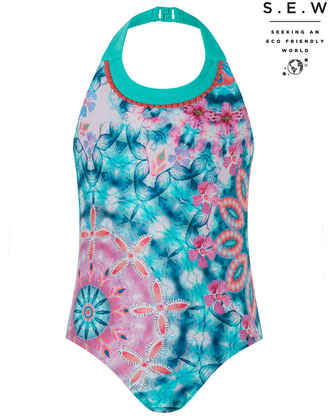 Kit Tie-Dye Floral Halter Swimsuit with Recycled Polyester, Blue (NAVY), large