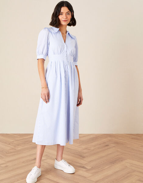 Frill Collar Stripe Poplin Dress Blue, Blue (BLUE), large