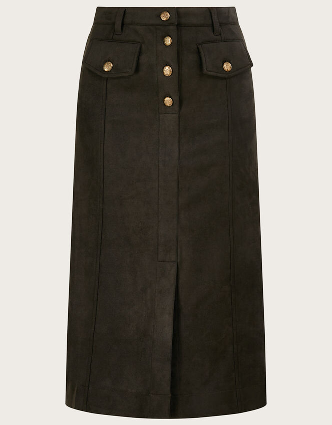 Button Detailing Suedette Skirt , Green (KHAKI), large