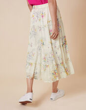 Blossom Print Tiered Midi Skirt, Ivory (IVORY), large