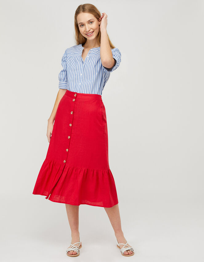 Monika Tiered Midi Skirt in Pure Linen, Red (RED), large