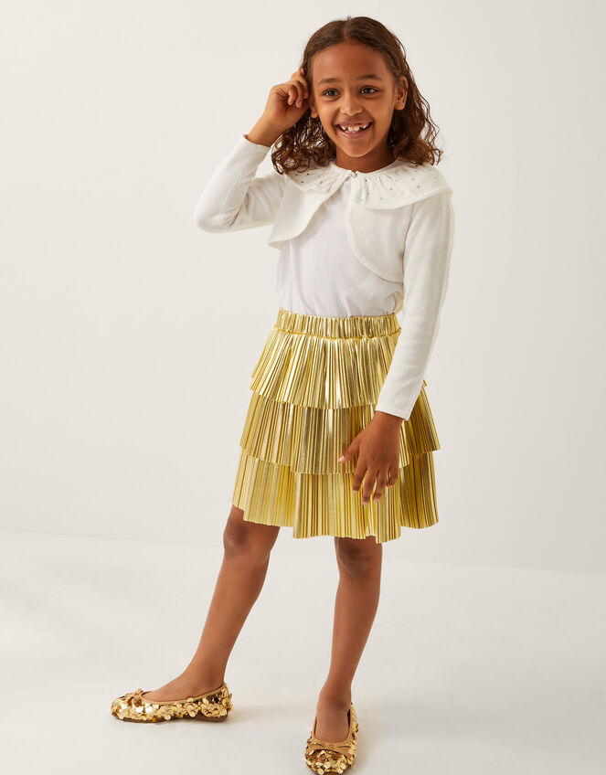 Metallic Pleat Tiered Skirt, Gold (GOLD), large