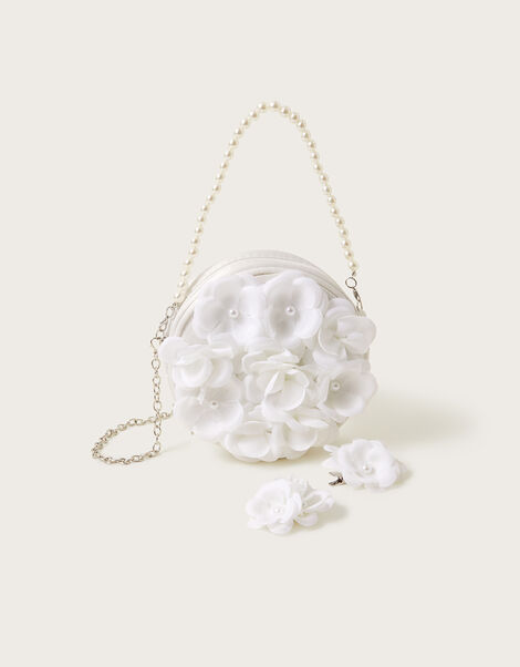 Pearl Pom-Pom Flower Bag and Hair Clips Set, , large