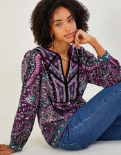 Velvet Trim Printed Top in Sustainable Cotton, Red (BURGUNDY), large