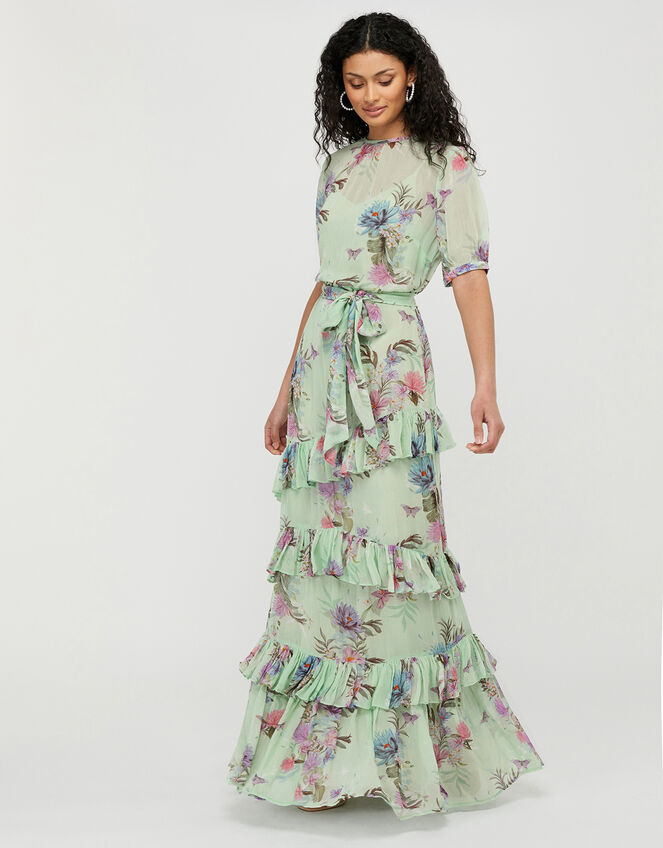 Atelier Aesha Floral Tiered Maxi Dress, Green (GREEN), large