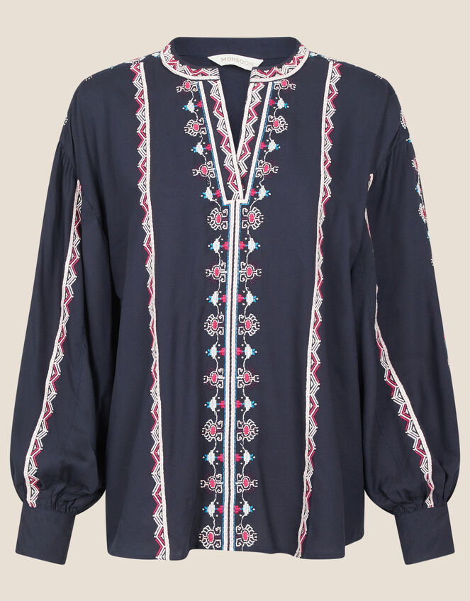 Stripe Embroidered Blouse in LENZING™ ECOVERO™, Blue (NAVY), large