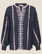 Stripe Embroidered Blouse in LENZING™ ECOVERO™, Blue (NAVY), large