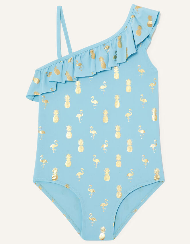 Flaming and Pineapple Foil Print Swimsuit, Blue (TURQUOISE), large