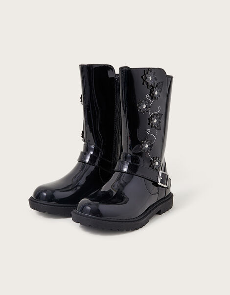 Flower Detail Riding Boots, Black (BLACK), large