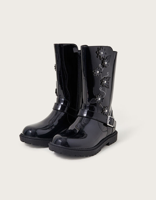Flower Detail Riding Boots, Black (BLACK), large