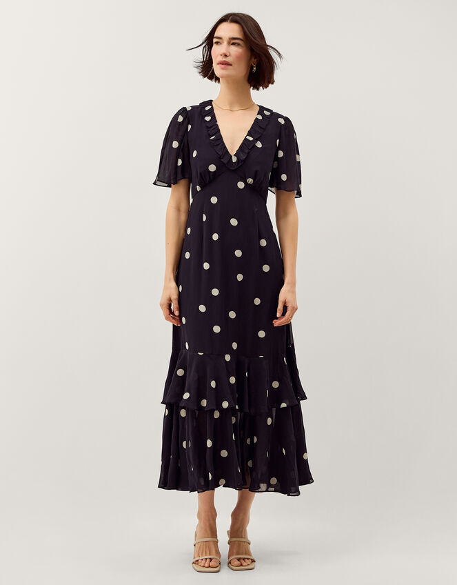 Rowena Polka Dot Ruffle Midi Dress, Blue (NAVY), large