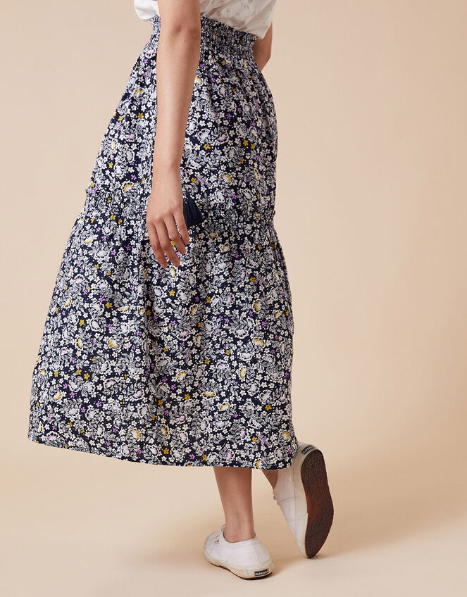Floral Print Midi Skirt in Organic Cotton, Blue (NAVY), large