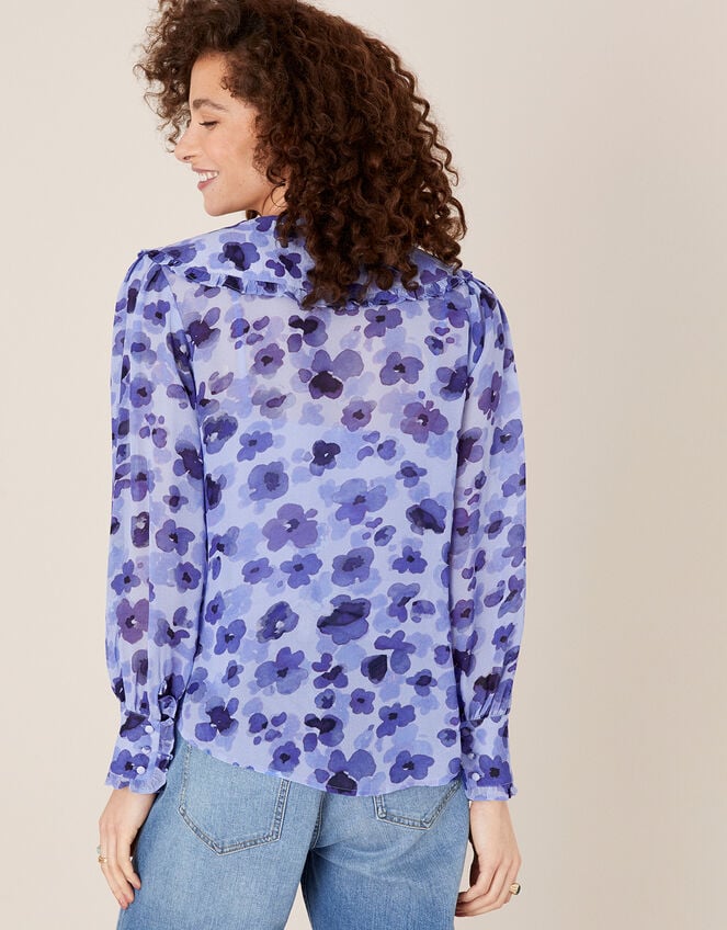 Pompea Poppy Print Frill Blouse, Blue (BLUE), large