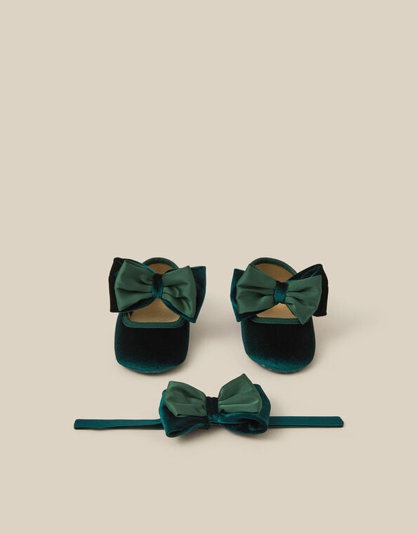 Baby Bow Velvet Booties & Headband Set, Green (GREEN), large