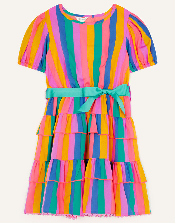 Bold Stripe Ruffle Shoulder Dress, Green (GREEN), large