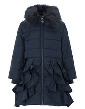 Navy Ruffle Padded Coat, Blue (NAVY), large