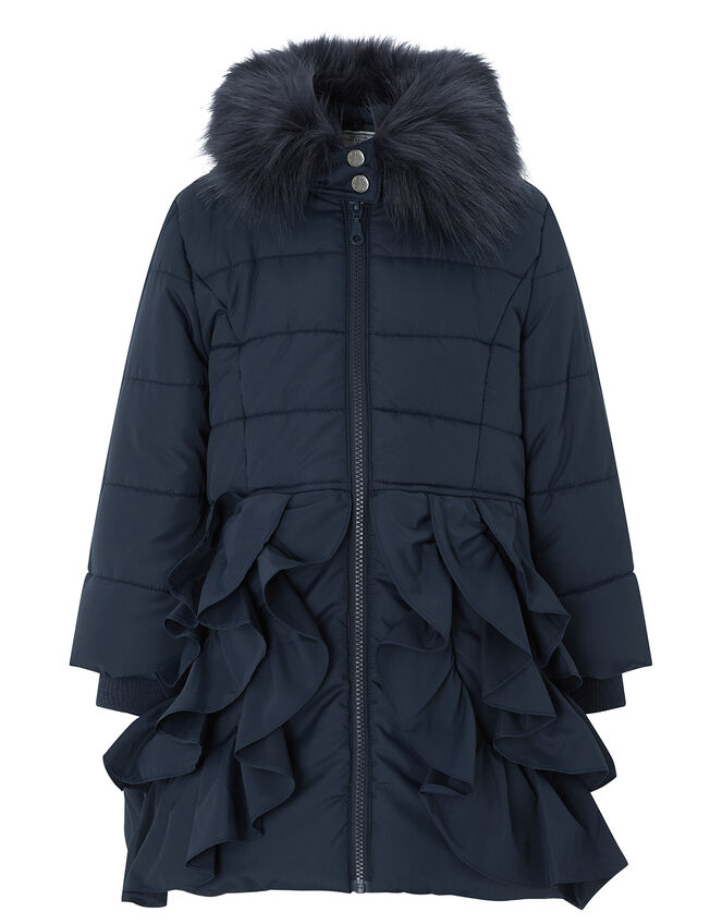 Navy Ruffle Padded Coat, Blue (NAVY), large