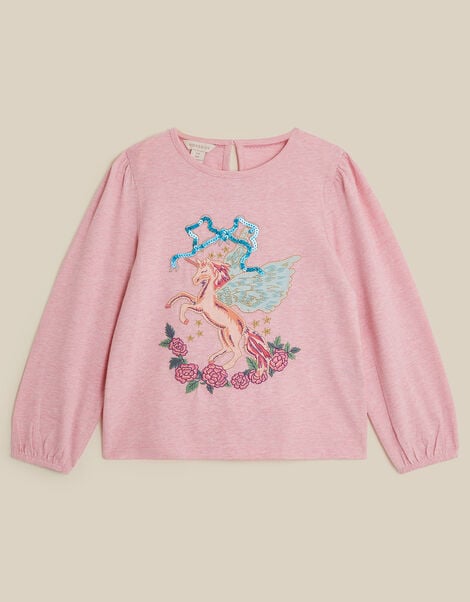 Unicorn Embroidered Long Sleeve Marl Cotton Top, Pink (PINK), large