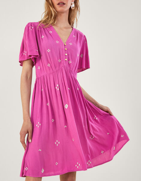 Embroidered Crinkle Short Dress in LENZING™ ECOVERO™, Pink (PINK), large