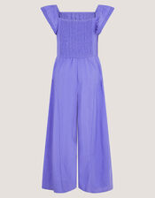 Floral Shirred Textured Jumpsuit, Blue (BLUE), large