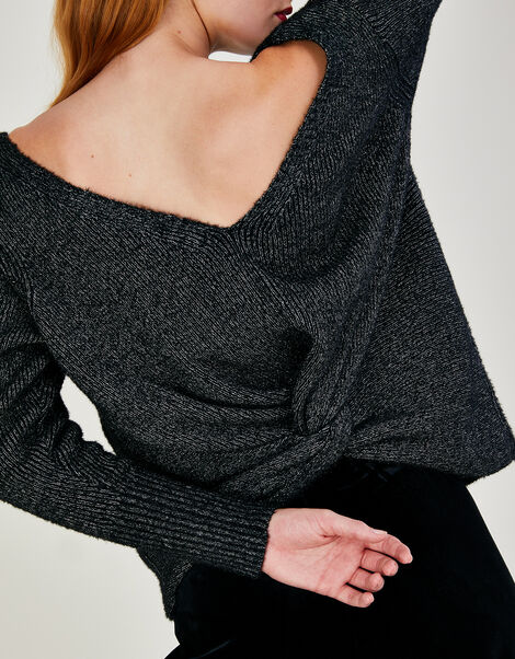Metallic Twist V-Back Jumper, Black (BLACK), large