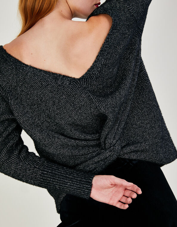 Metallic Twist V-Back Sweater, Black (BLACK), large