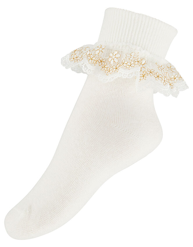 Girl Metallic Floral Ankle Socks, Ivory (IVORY), large