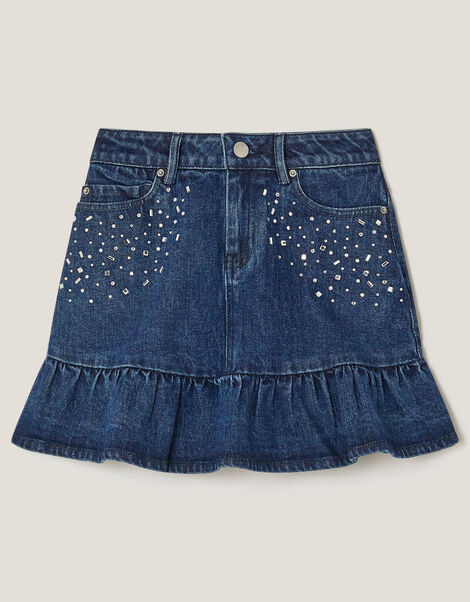 Jewel Heat Seal Denim Skirt, Blue (BLUE), large
