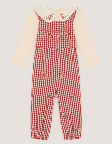 Baby Embroidered Top & Gingham Dungarees Set, Red (RED), large