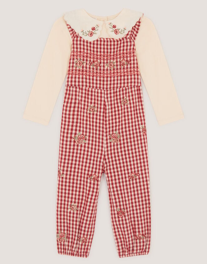 Baby Embroidered Top & Gingham Dungarees Set, Red (RED), large