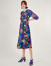 Palm Printed ¾ Sleeve Shirred Dress in LENZING™ ECOVERO™, Blue (BLUE), large
