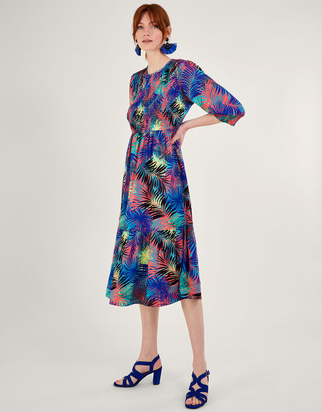 Palm Printed ¾ Sleeve Shirred Dress in LENZING™ ECOVERO™, Blue (BLUE), large