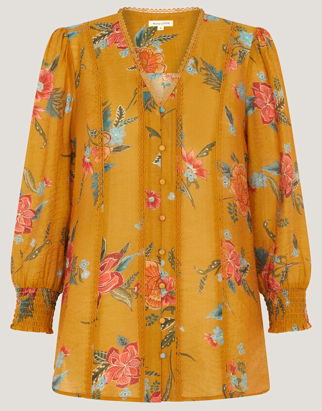 Rosaleigh V-Neck Floral Blouse, Yellow (OCHRE), large
