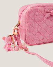 Heart Quilted Denim Cross Body Bag, , large