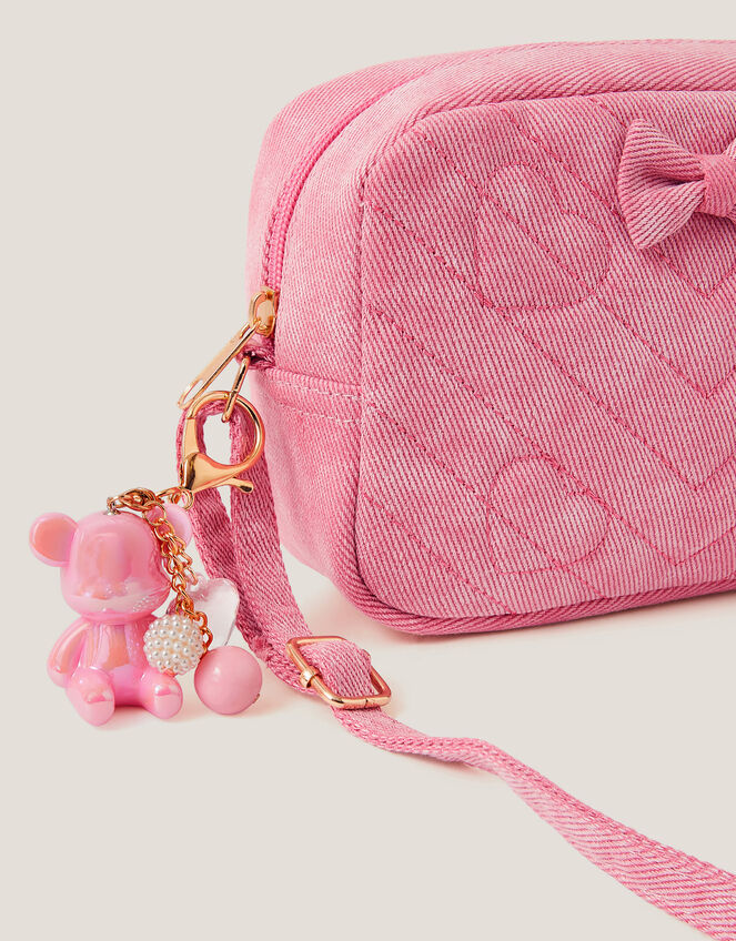 Heart Quilted Denim Cross Body Bag, , large