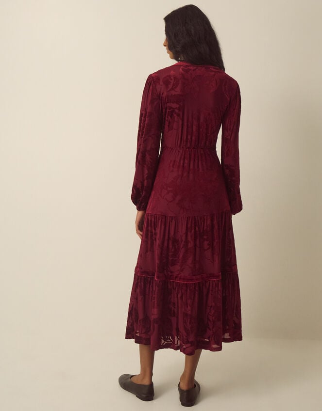 Dolly V-Neck Floral Devor&eacute; Jersey Midi Dress, Red (BURGUNDY), large