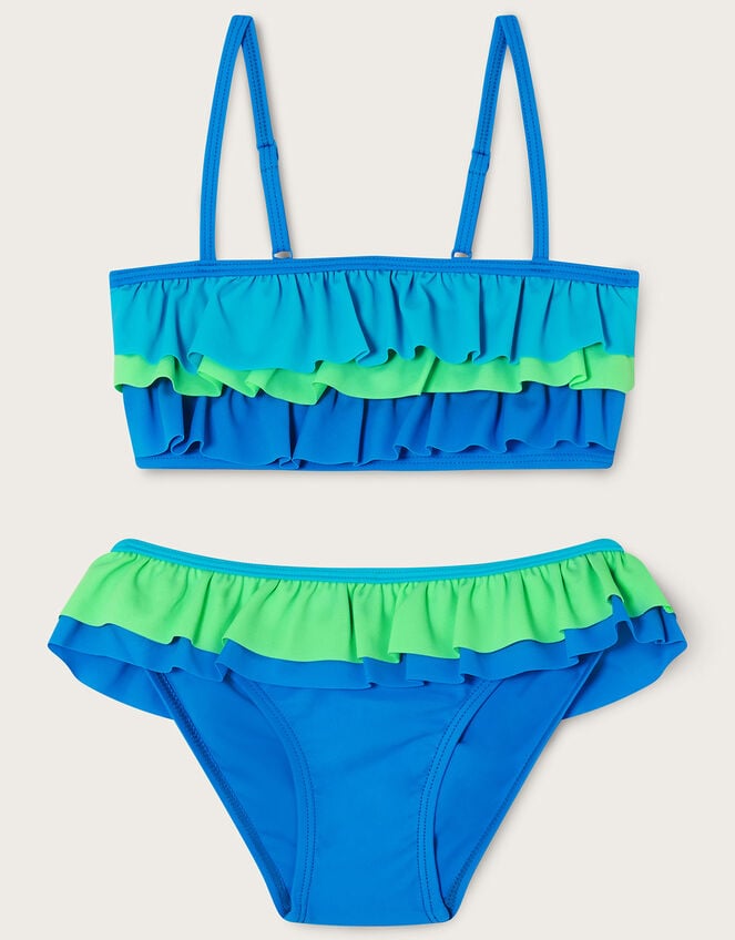 Triple Frill Bikini Set with Recycled Polyester , Blue (BLUE), large