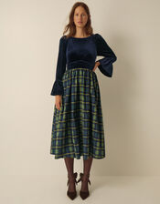 Viola Check Print Velvet Midi Dress, Blue (MIDNIGHT), large