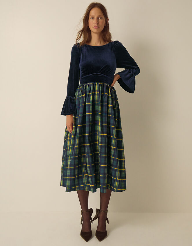 Viola Check Print Velvet Midi Dress, Blue (MIDNIGHT), large