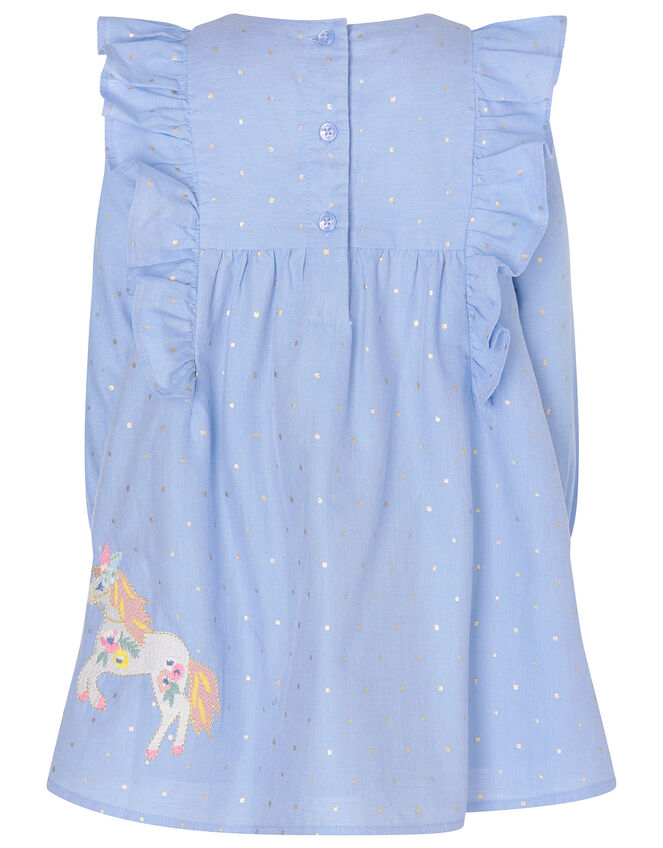 Baby Horse Foil Spot Chambray Dress, Blue (BLUE), large