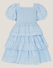 Baby Floral Broderie Puff Sleeve Tiered Dress, Blue (BLUE), large