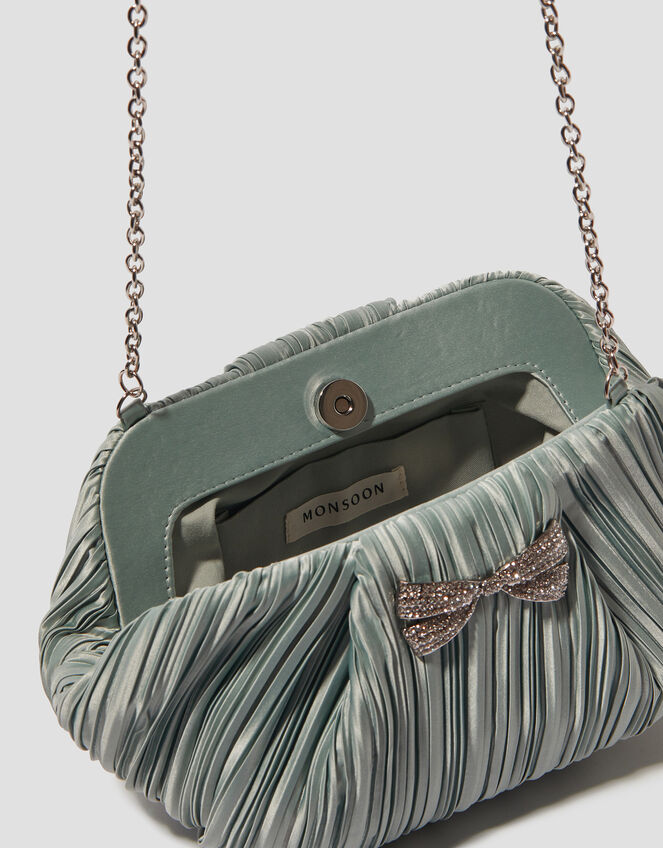 Pen Plisse Satin Clutch Bag, Green (SAGE), large