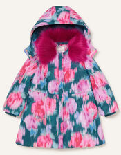 Blurred Floral Padded Coat, Teal (TEAL), large