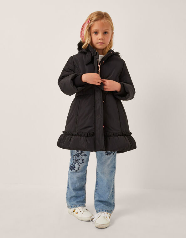 Frill Bow Hooded Coat, Black (BLACK), large