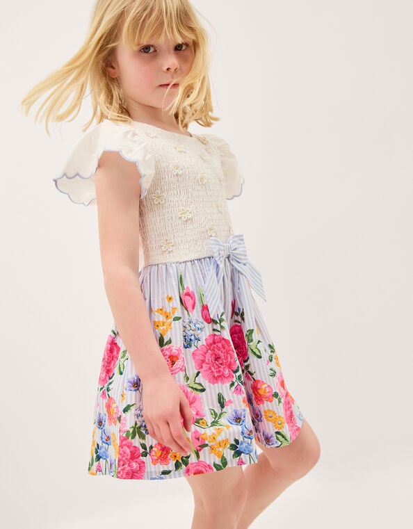 Floral Print Bow Shirred Romper, Blue (BLUE), large