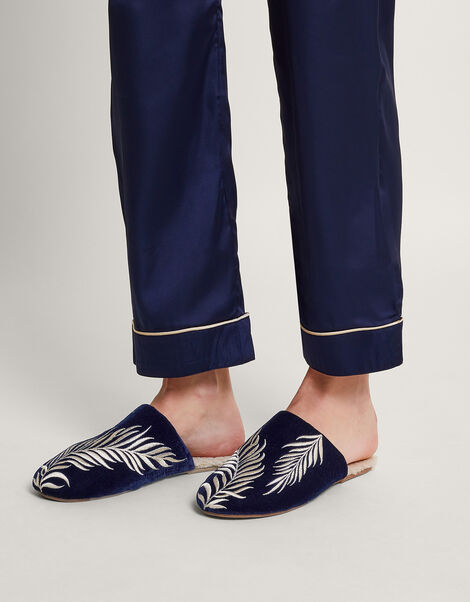 Clover Feather Embroidered Slippers, Blue (NAVY), large