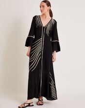 Cali Embroidered Leaf Kaftan Dress, Black (BLACK), large