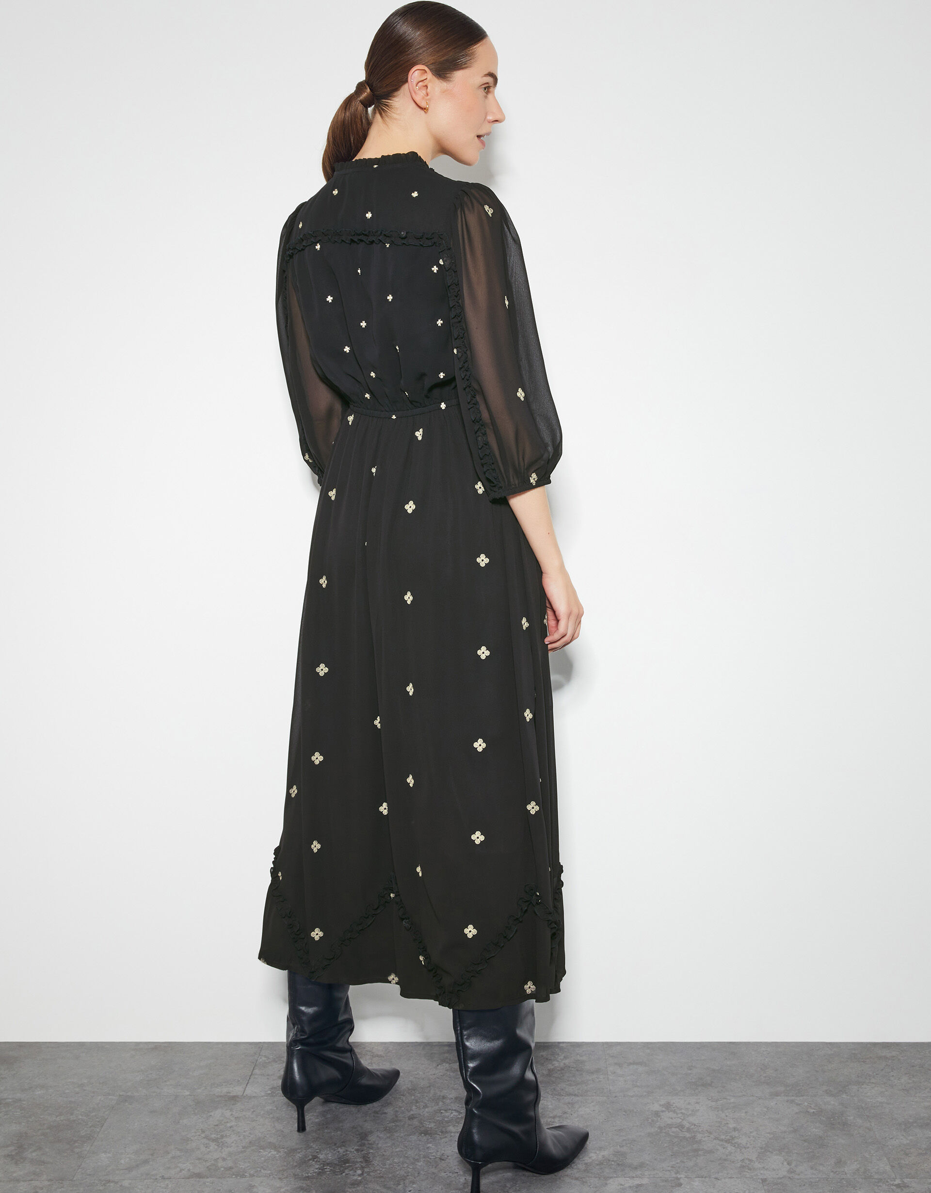 Sheer-Insert Embroidered Midi Dress