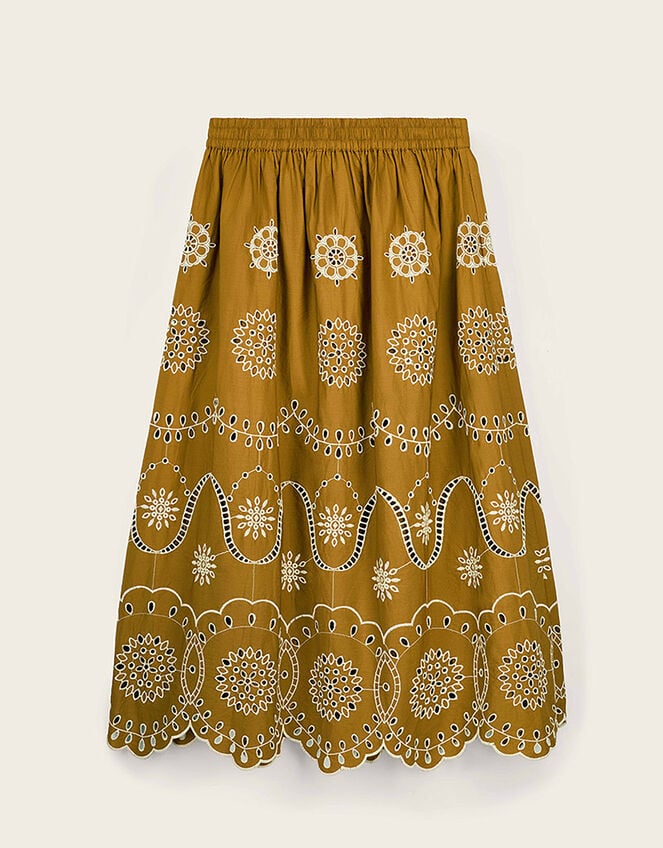 East Leni Floral Broderie Cotton Poplin Skirt, Green (OLIVE), large